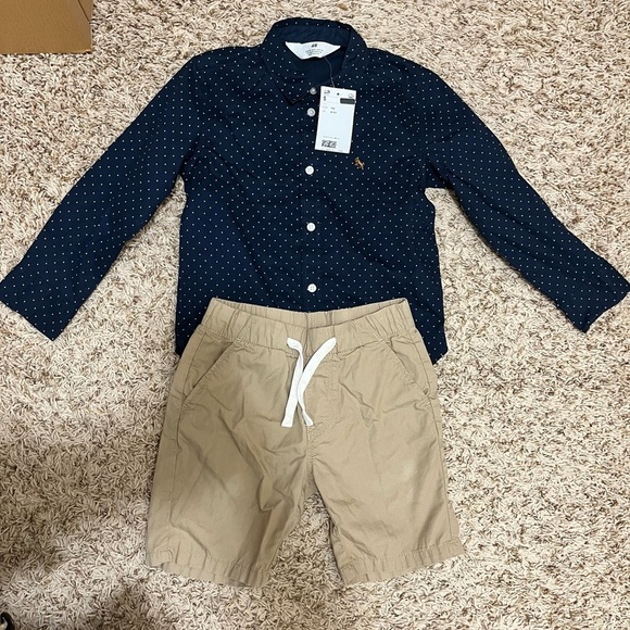 H&M boys long-sleeved navy blue polka-dot shirt and beige shorts - Picture 3 of 10